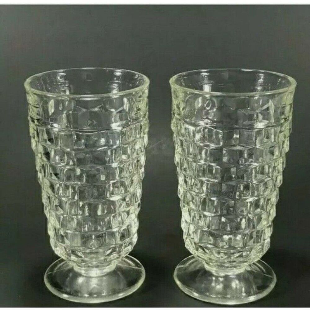 Whitehall Clear by Colony Stacked Cube Flared Iced Tea Footed Glasses Set of 2